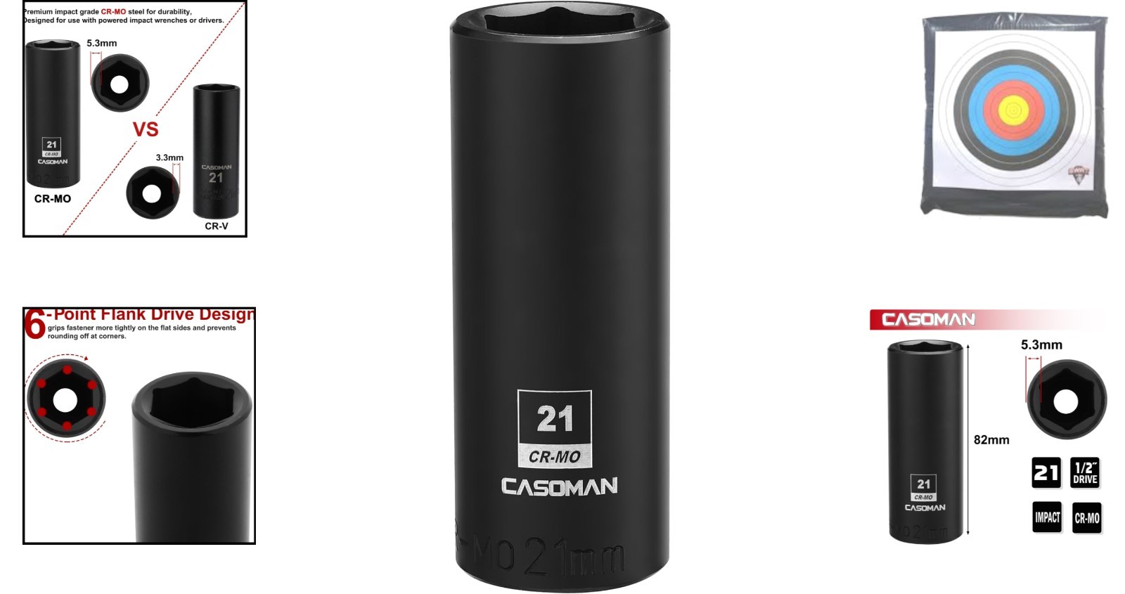 6-Point 21mm Deep Impact Socket, Chrome Molybdenum Steel for Impact Wrenches