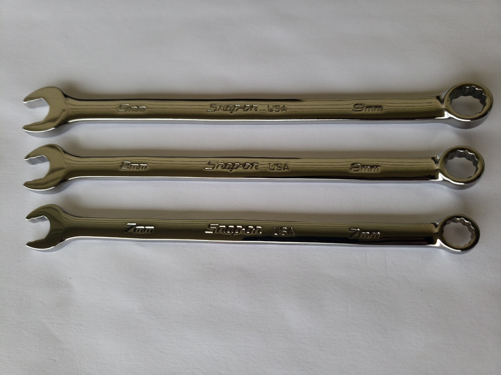 Snap-on Tools USA NEW 3pc Metric 7mm – 9mm Flank Drive PLUS Combo Wrench Lot Set