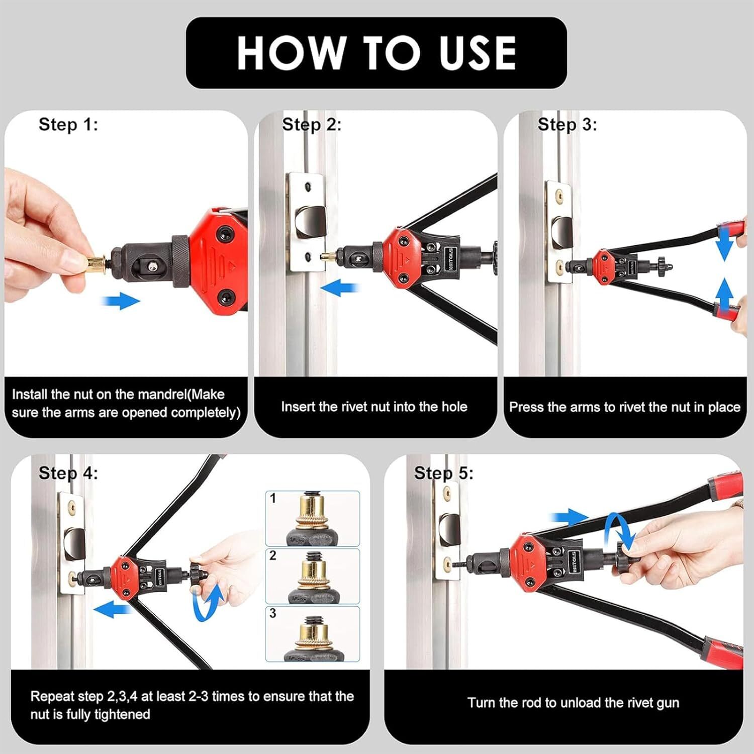 WETOLS 16″ Rivet Nut Tool, Professional rivet nut tool with 11 mandrels
