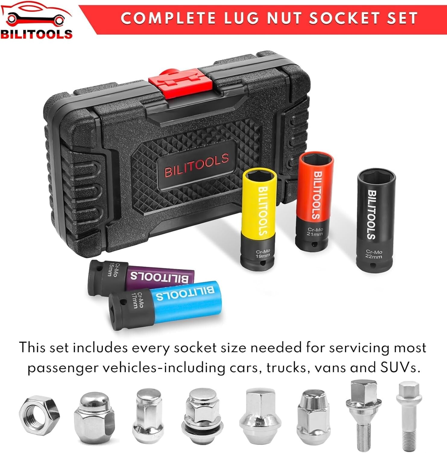 Impact Lug Nut Socket Set Chrome Molybdenum Steel 5 Piece for Wheels