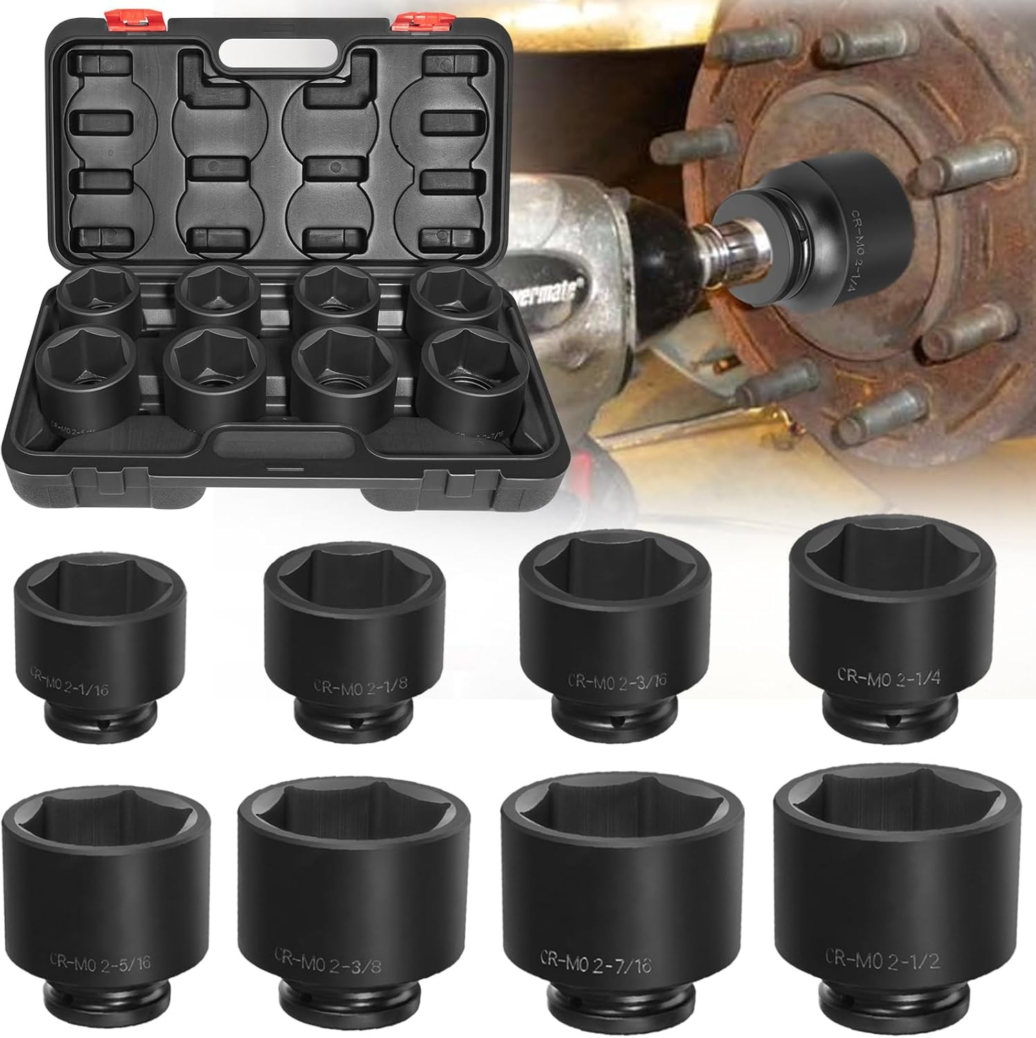 8-Piece Jumbo Impact Socket Set CR-MO 3/4″ Drive SAE 2-1/16″ to 2-1/2″ 6 Point