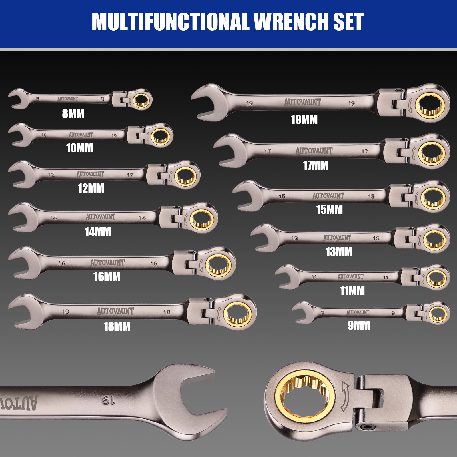 12PCS Ratcheting Wrench Set Flexible Head 8-19mm Metric Spanner Tool Combination