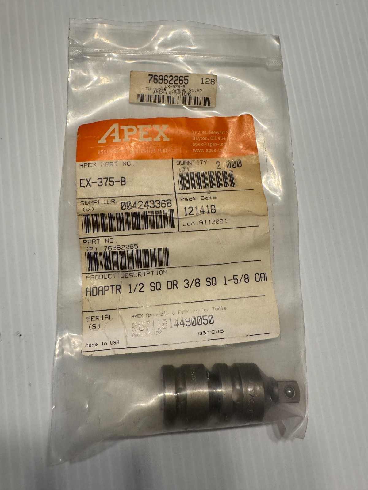 Qty 2 Apex EX-375-B Impact Extension Adapter Drive Socket Bit