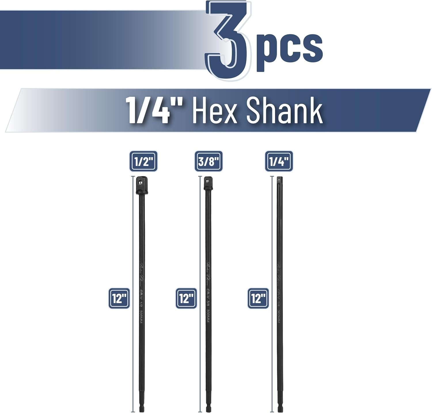 Impact Socket Adapter Set, 3 pcs, 12-Inch, 1/4″, 3/8″, 1/2″