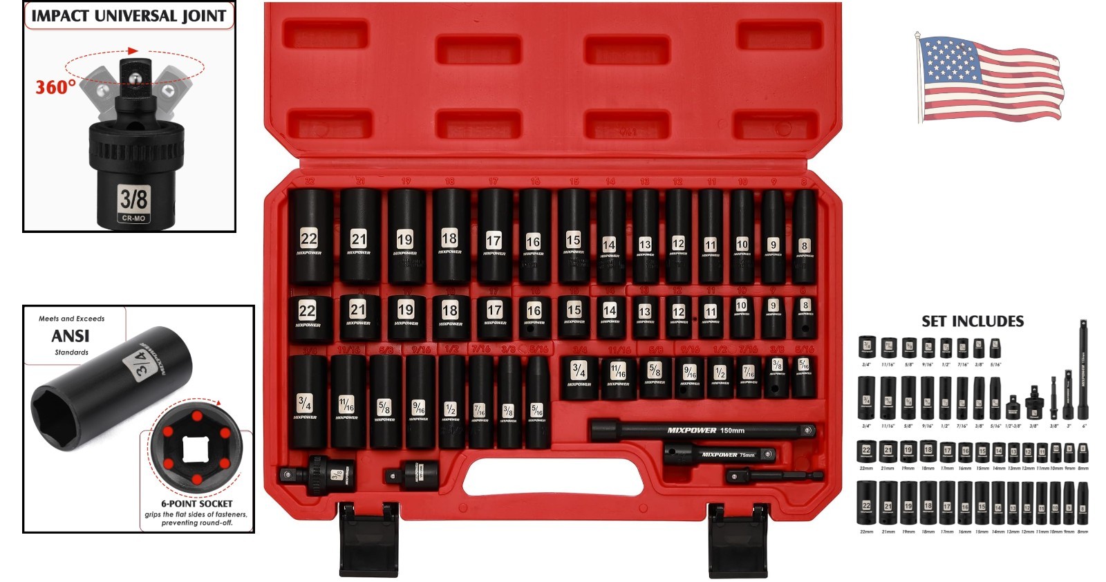Professional 3/8″ Drive Impact Socket Set – 6-Point, 49-Piece Cr-V Collection