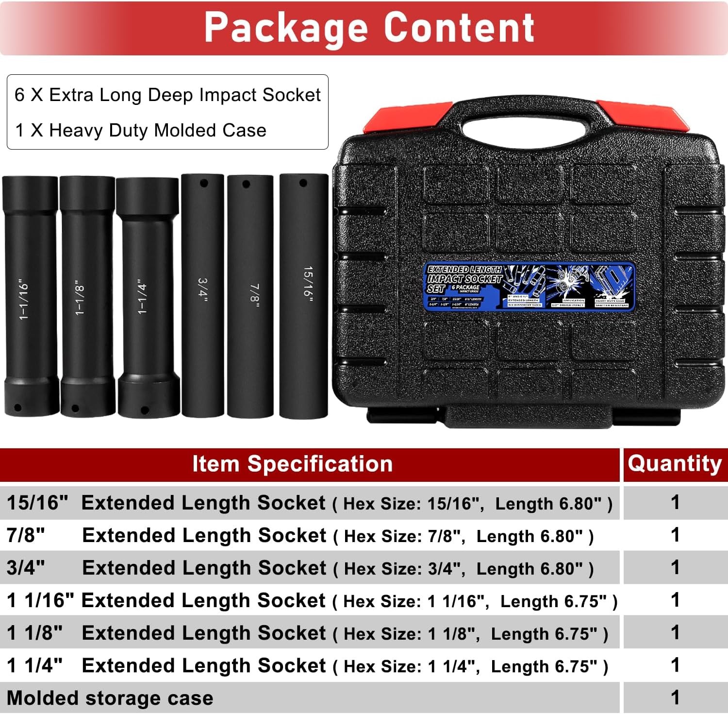 1/2» Drive Heavy Duty Extended Length Impact Socket Set With Case (6PCS)