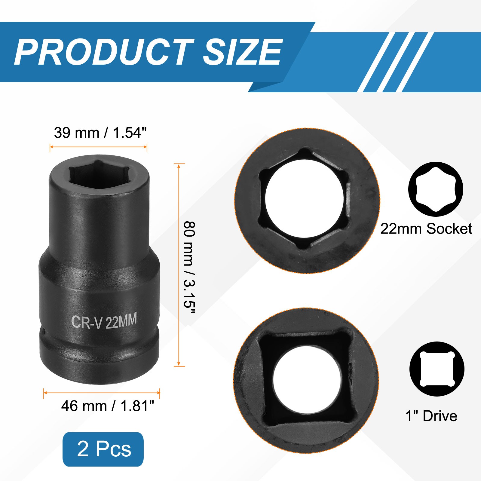2pcs 1 Inch Drive 22mm 6 Point Impact Socket Chromium Vanadium Steel