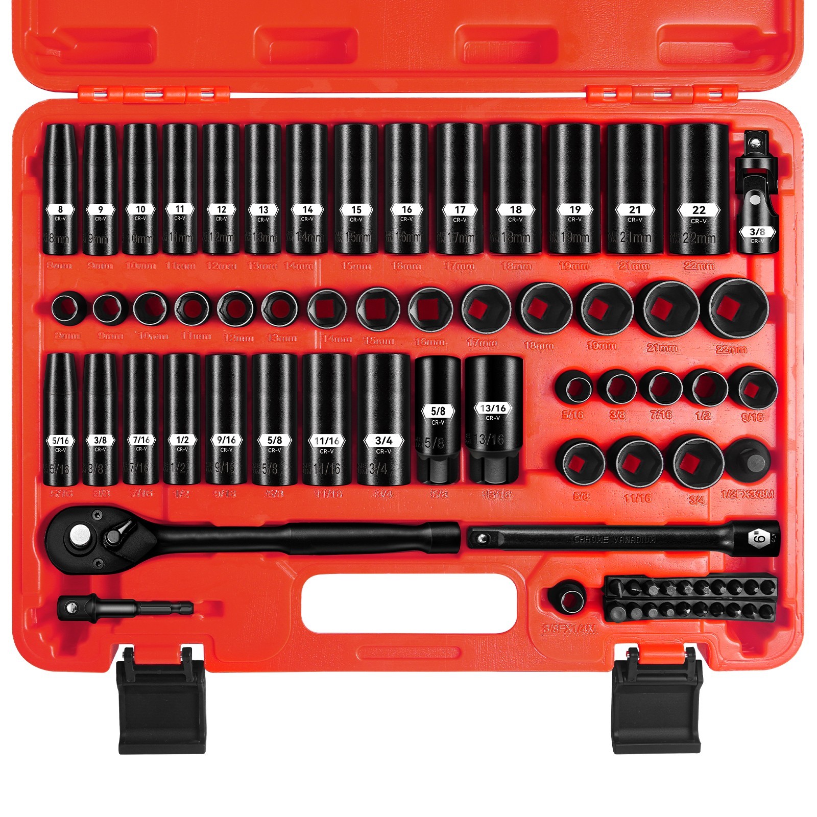 72 PCS 3/8» Drive Impact Socket Set, SAE(5/16″- 3/4″) & Metric(8-22mm) Size