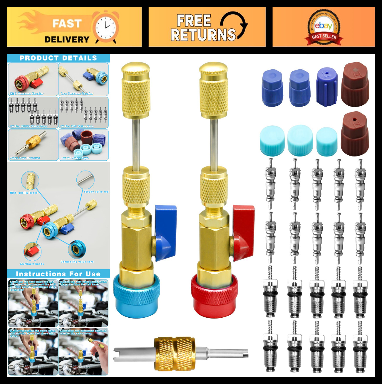 31Pcs R134A AC Valve Core Removal Tool Set, High Low Pressure Installer Kit