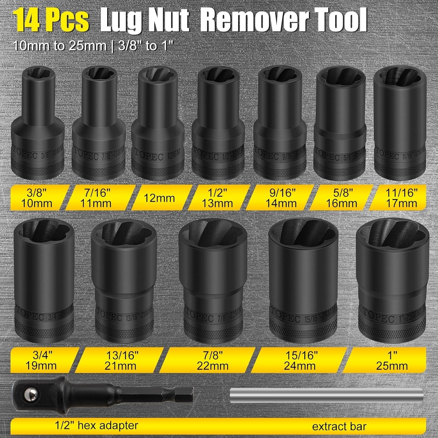 14 Piece Lug Nut Removal Set for Rusted and Damaged Bolts