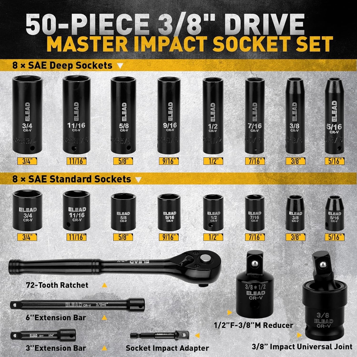 50PC 3/8″ Drive Impact Socket Set Deep & Standard SAE Metric 5/16 – 3/4 8 – 22MM