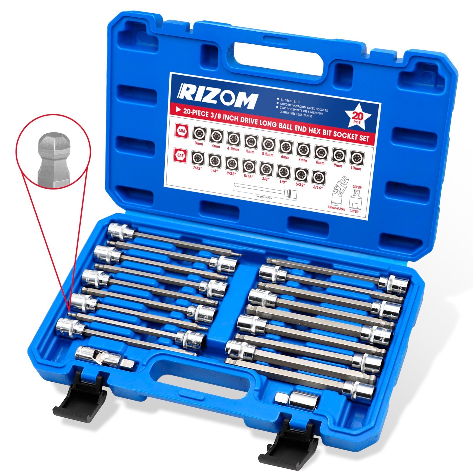 20-Piece Long Ball End Hex Bit Socket Set, Extra Long Allen Sockets, SAE & Metri