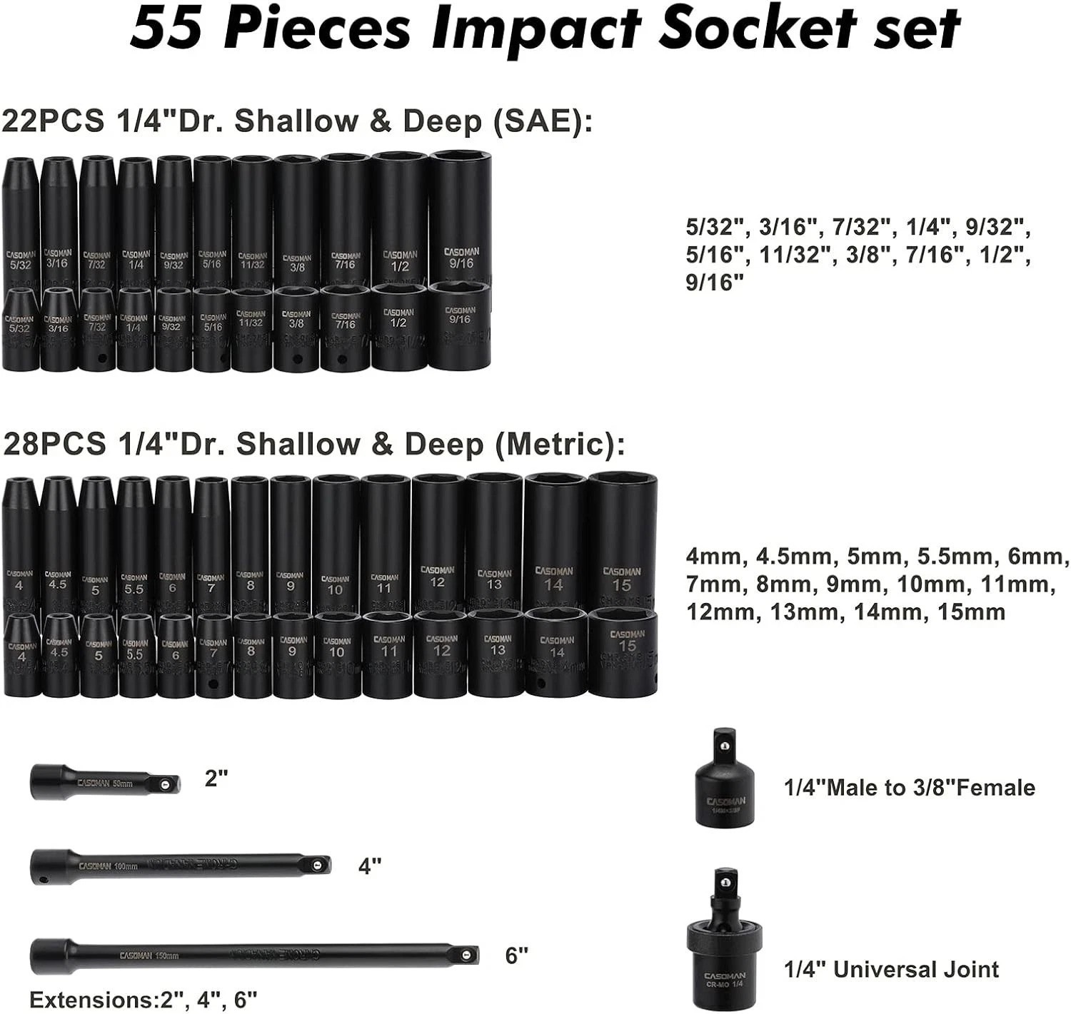 Multi-Size 55PCS Impact Socket Set – Deep & Shallow, Easy-to-Read Markings