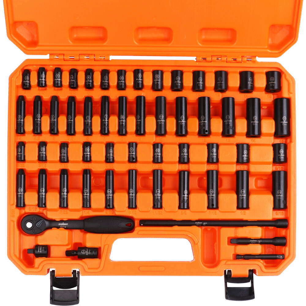 56Pcs 1/4″ Drive Impact Deep Socket Set Extension Bar Universal Joint SAE Metric