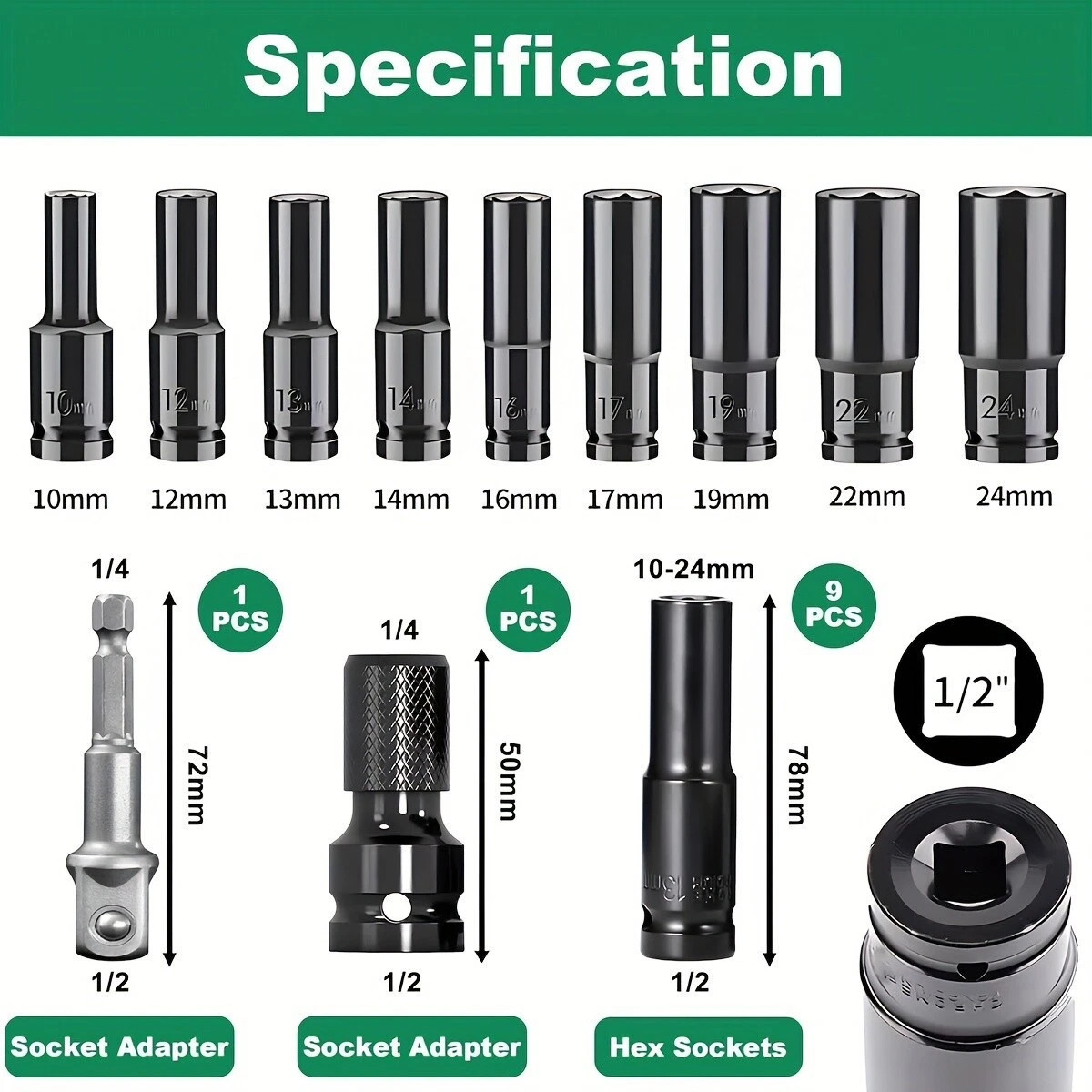 20PCS 1/2»Deep Impact Sockets Set Drive Metric 8mm-32mm Deep 6-Point Set w/case