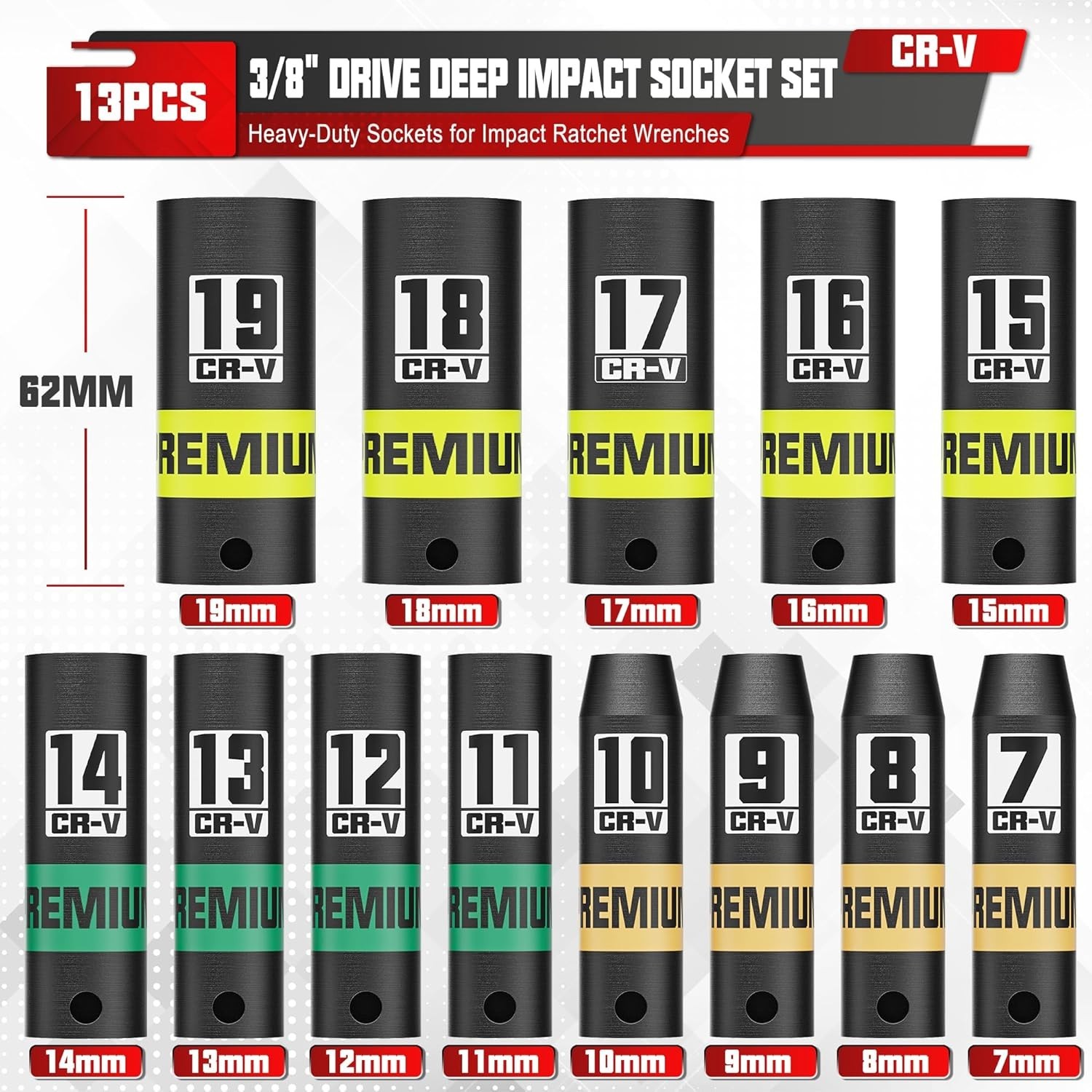 13-Piece Deep Impact Socket Set 3/8″ Drive 7-19mm CR-V Heavy Duty Automotive …