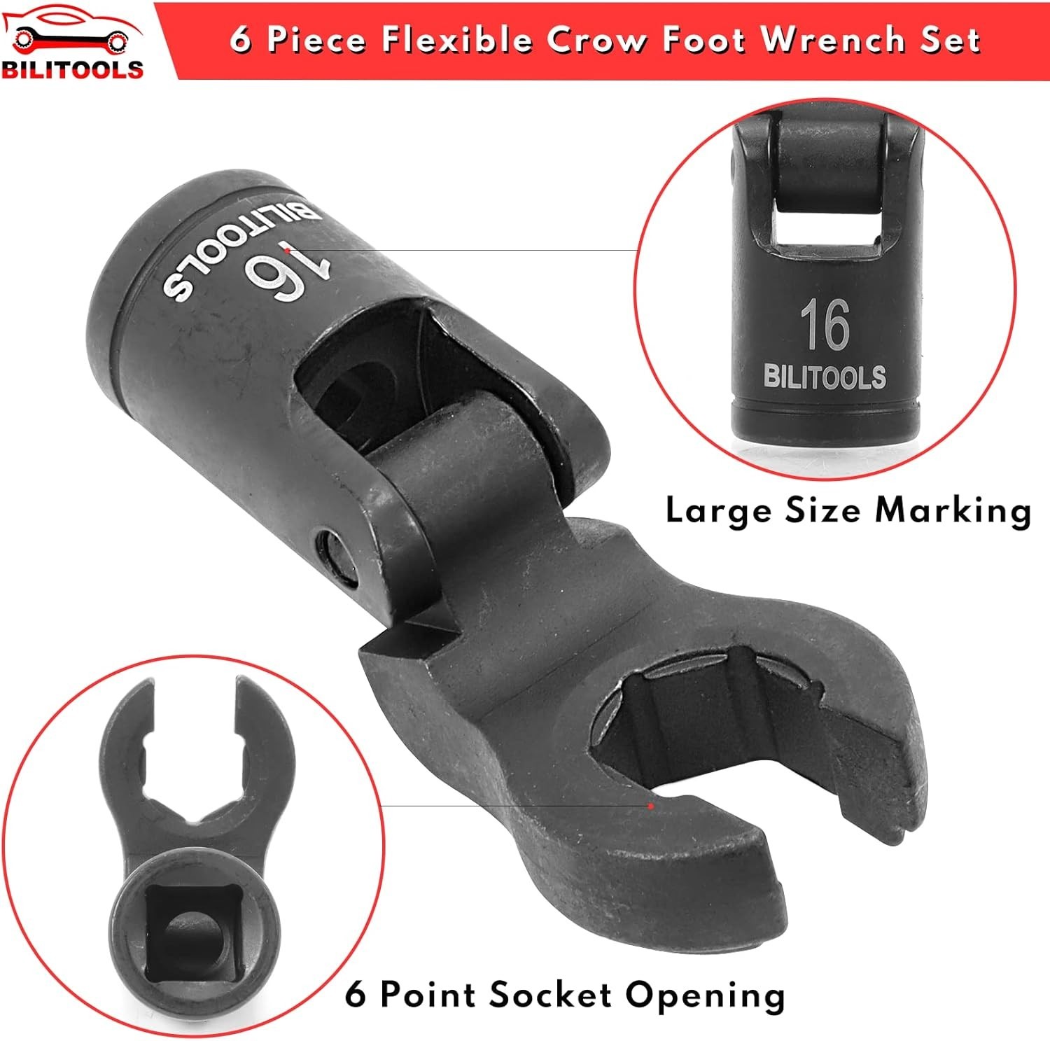 BILITOOLS Flex Head Crows Foot Line Wrench Set, 3/8″ & 1/2″ Drive Flex Flare Nut