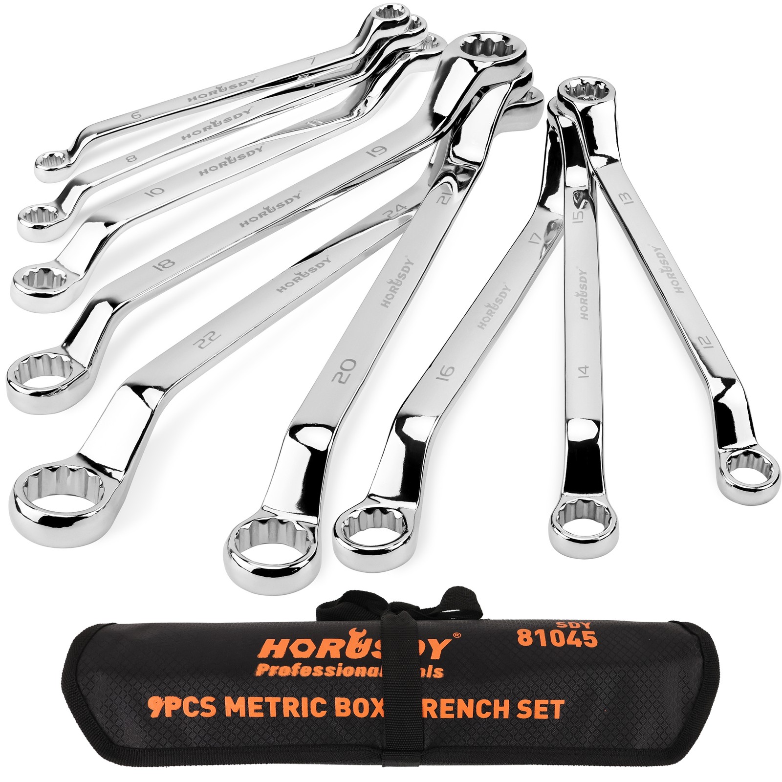 9Pcs Metric Offset Box Wrench Set with Rolling Pouch 50-Degree Metric 6-24mm