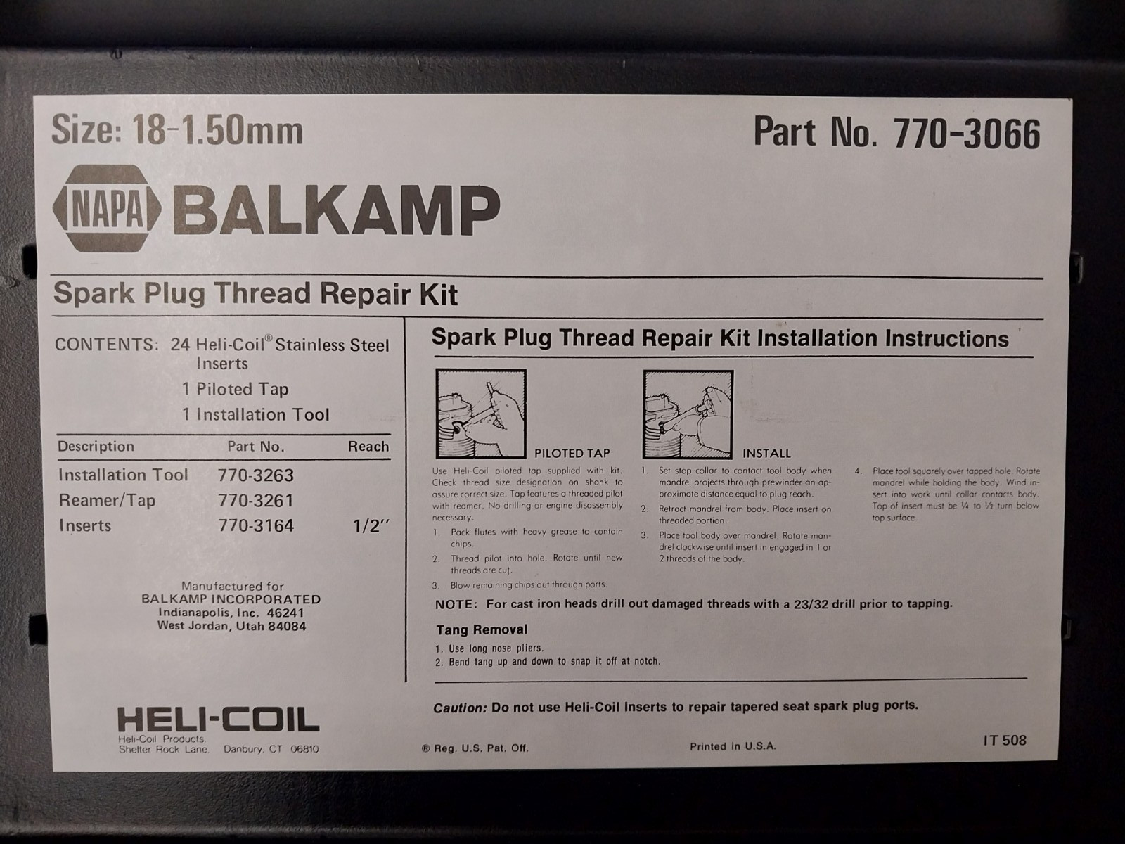 NAPA #770-3066 18mm Helicoil thread repair kit w/coils