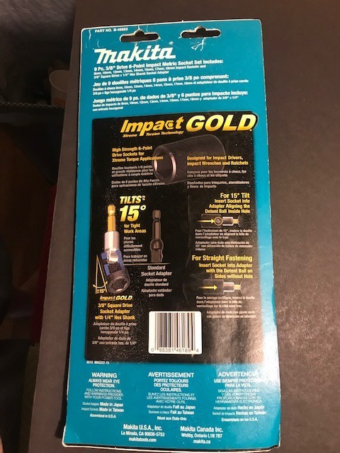 Makita B-49862 Impact Gold 9 Pc. 3/8″ Metric Socket Set W/ 15° Tilt Socket – NEW