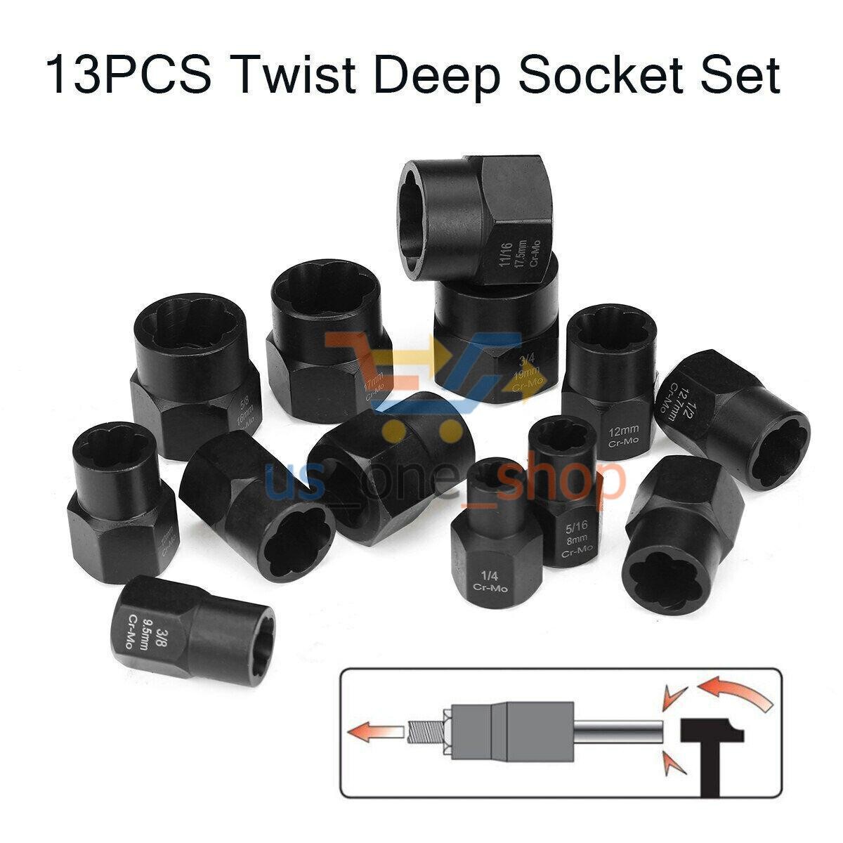 13pcs Bolt Extractor Damaged Lug Nut Remover Twist Socket Extractor Tool 8-19mm