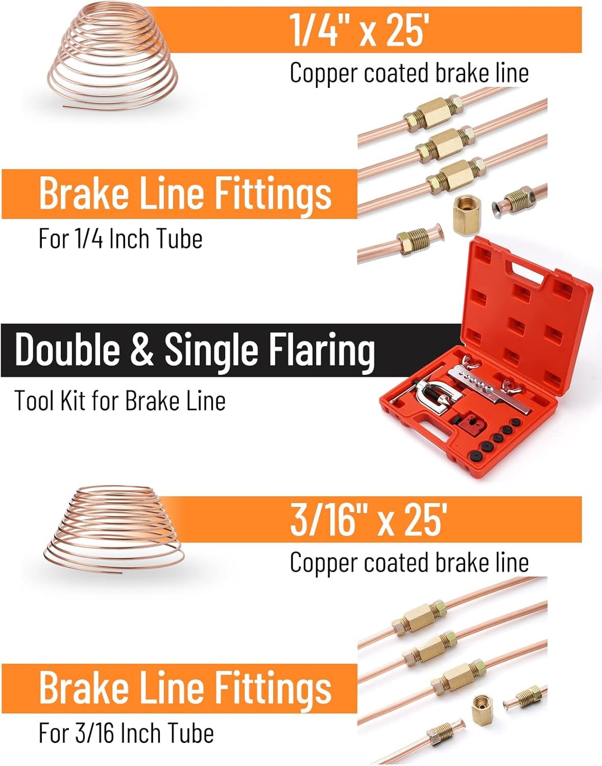 Racewill 3/16 + 1/4 25FT Copper Coated Brake Line + Double & Single Flaring Tool