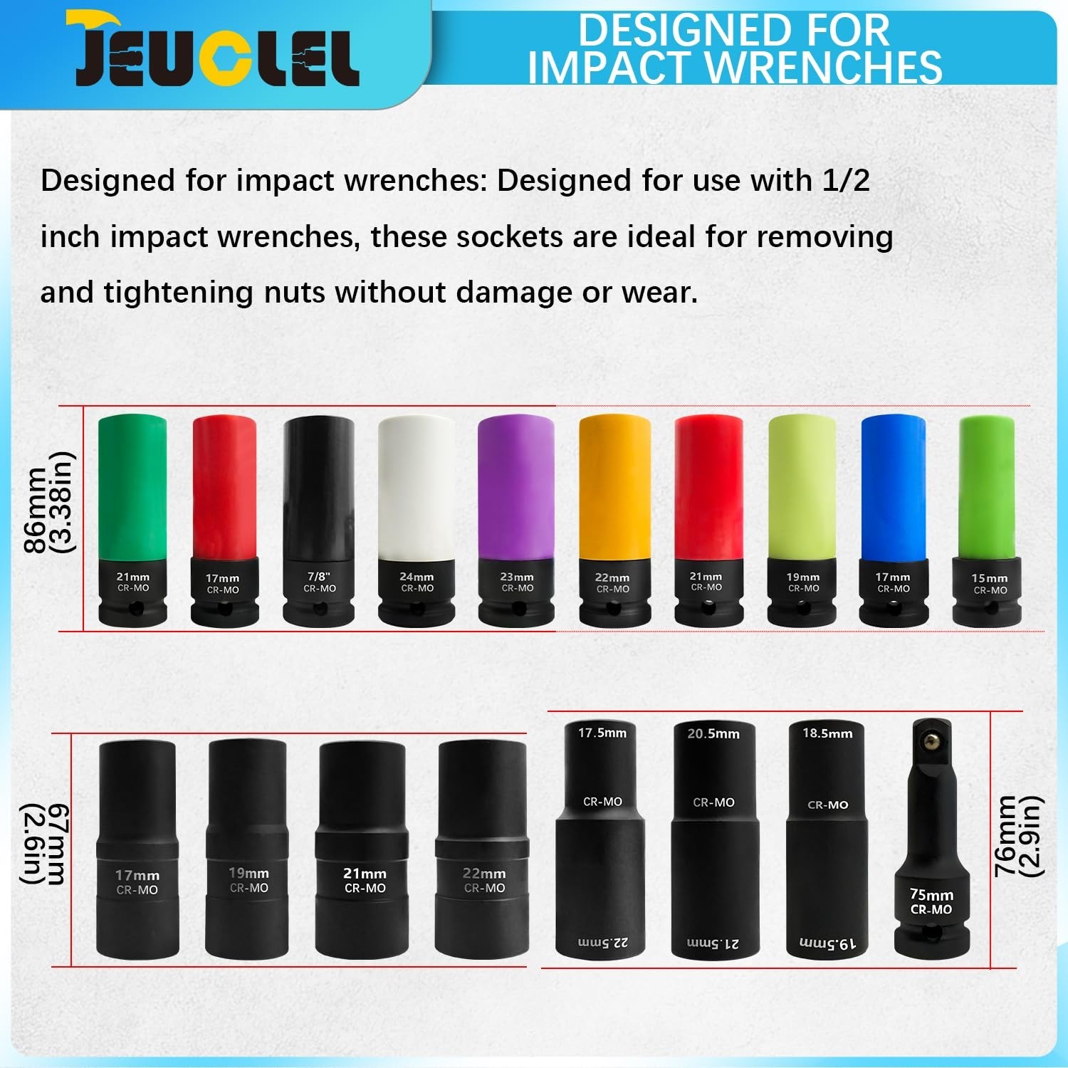 18PCS Thin Wall Lug Nut Socket Set, 1/2″ Drive, 6 & 12 Point, Impact Extension B