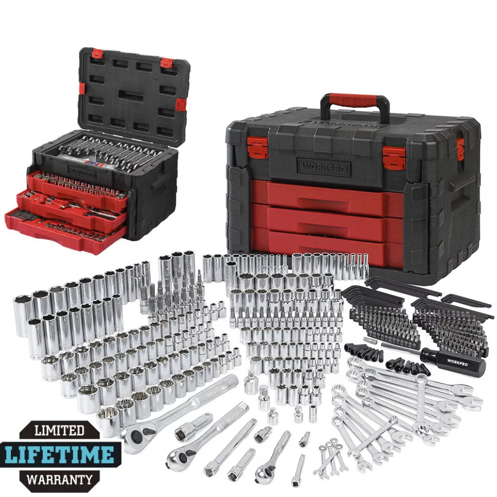 WORKPRO 450Piece Drive Socket Set 1/2″ 1/4″ 3/8″ Drive Ratchet Wrench SAE/METRIC