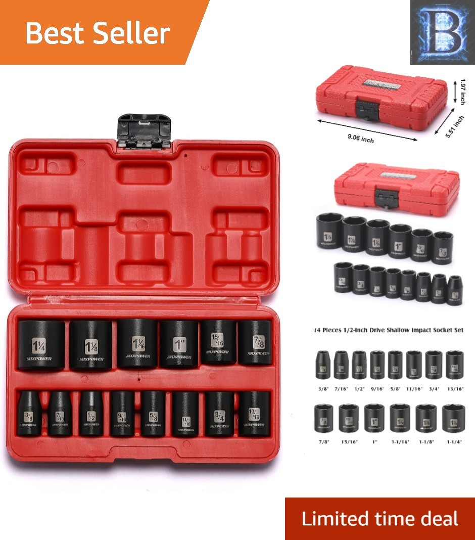 High-Torque 1/2-Inch Drive Shallow Impact Socket Set – 14 CR-V Sizes Included