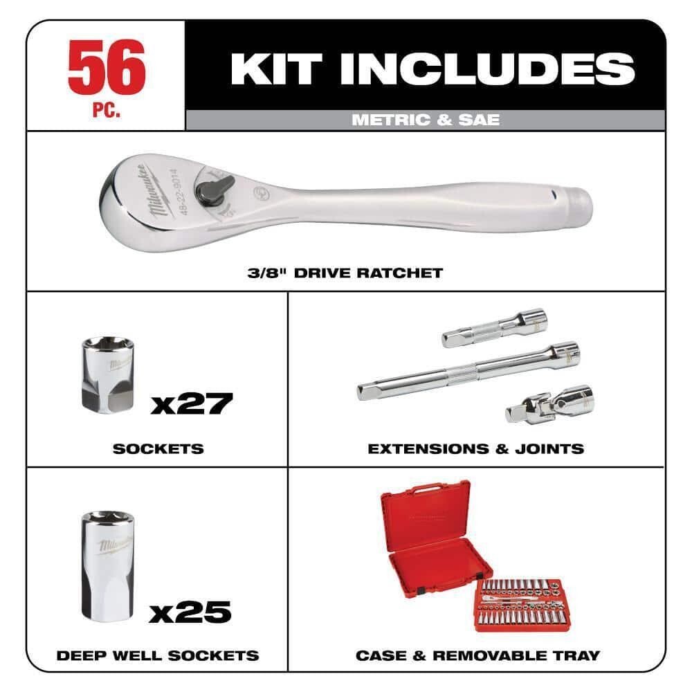 Milwaukee 3/8 in. SAE/Metric Ratchet & Socket Mechanics 56 pc & Screwdriver Set