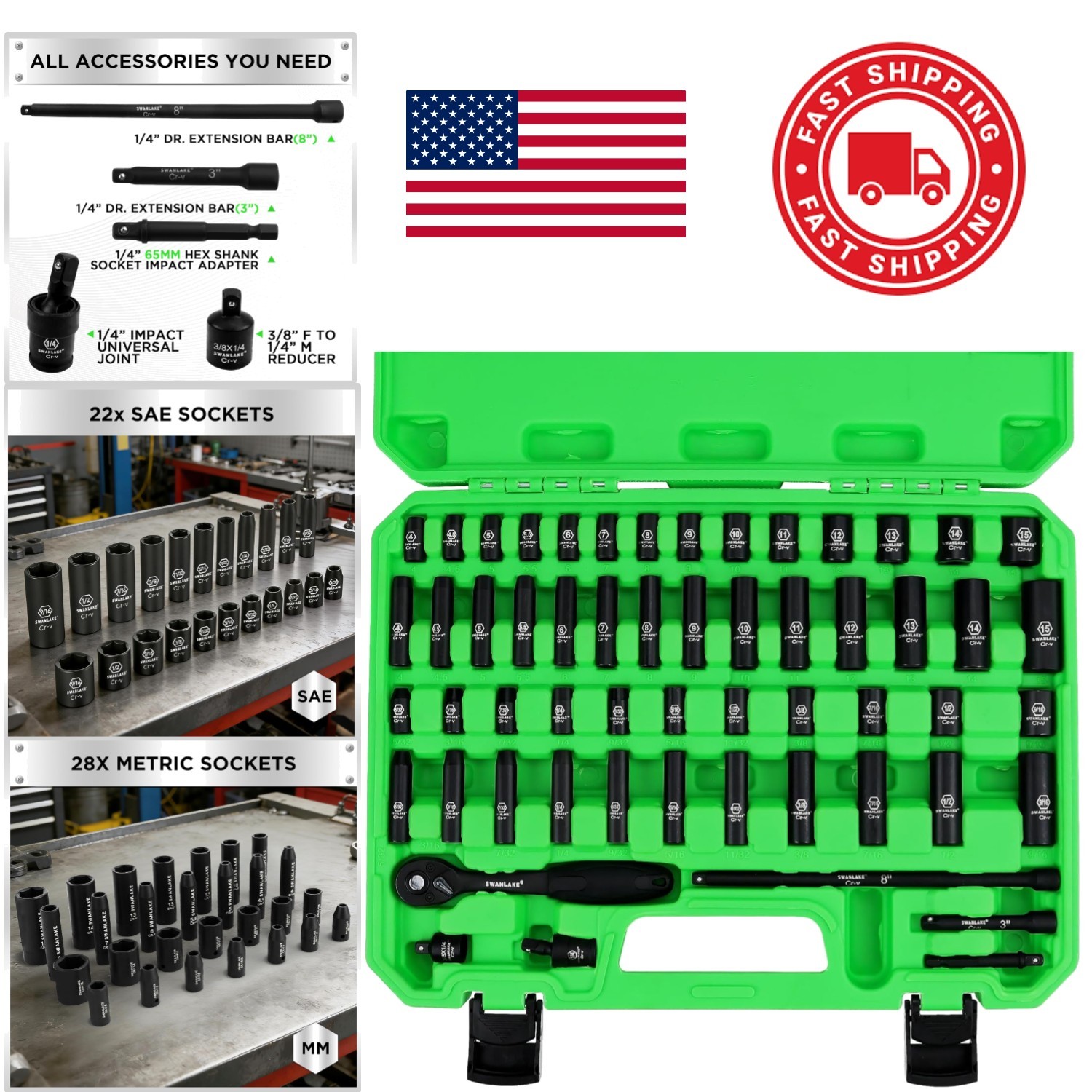 Complete 56 Piece 1/4 Inch Drive Socket Set with Universal Joint and Handle