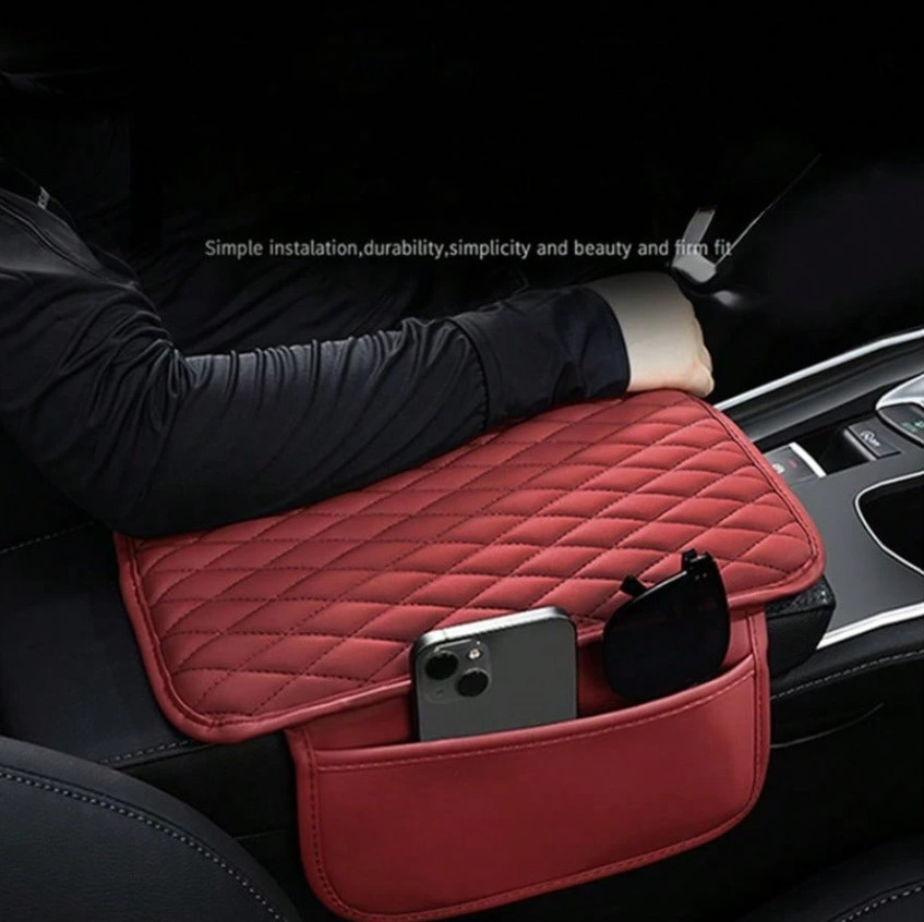 1pc Leather Car Armrest Cover – Console Cushion with 2 Storage Pockets-NEW