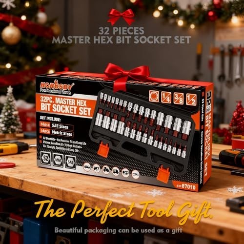 32 Piece Hex Bit Socket Set SAE Metric 1/4 3/8 1/2 Drive High Torque S2 Steel