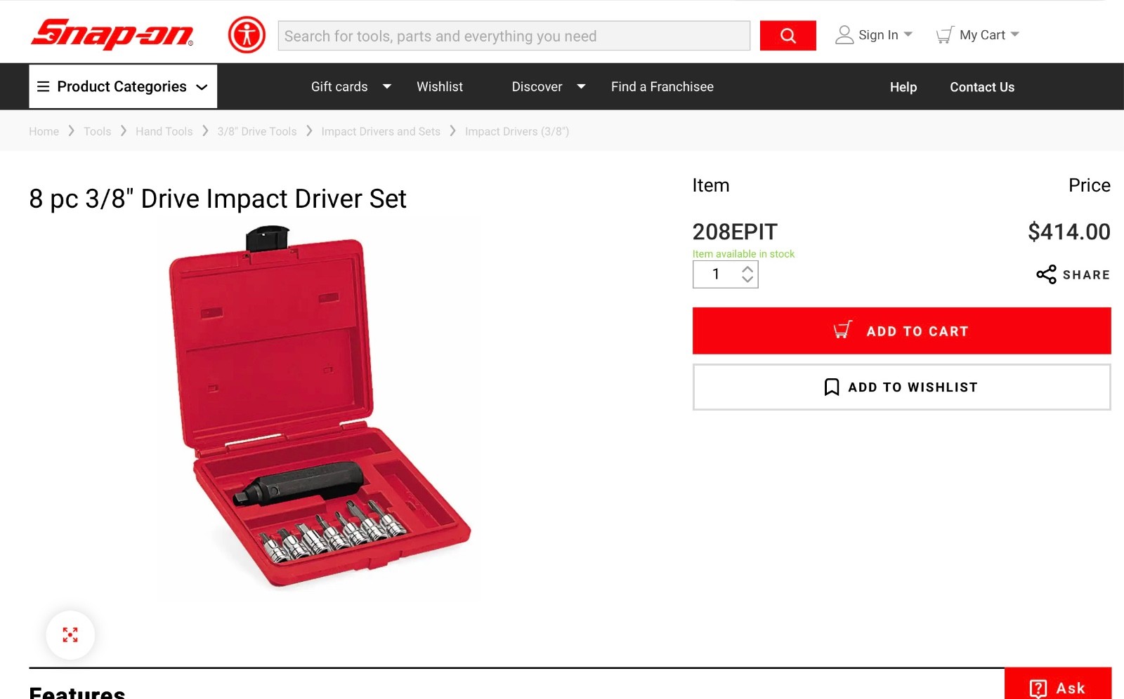 Snap-On 8-Piece Impact Driver Set, 208EPIT