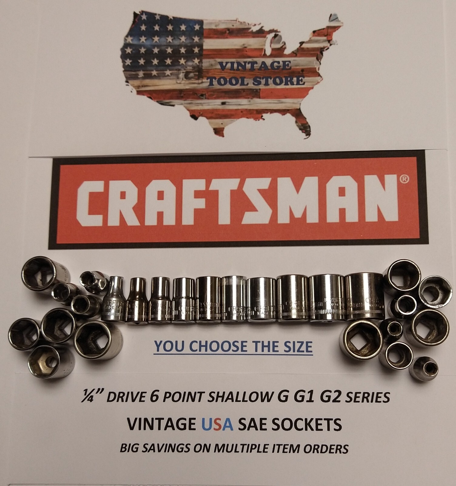 Vintage Craftsman 1/4″ Drive SAE 6 Point Shallow Socket G G1 G2 You Choose USA