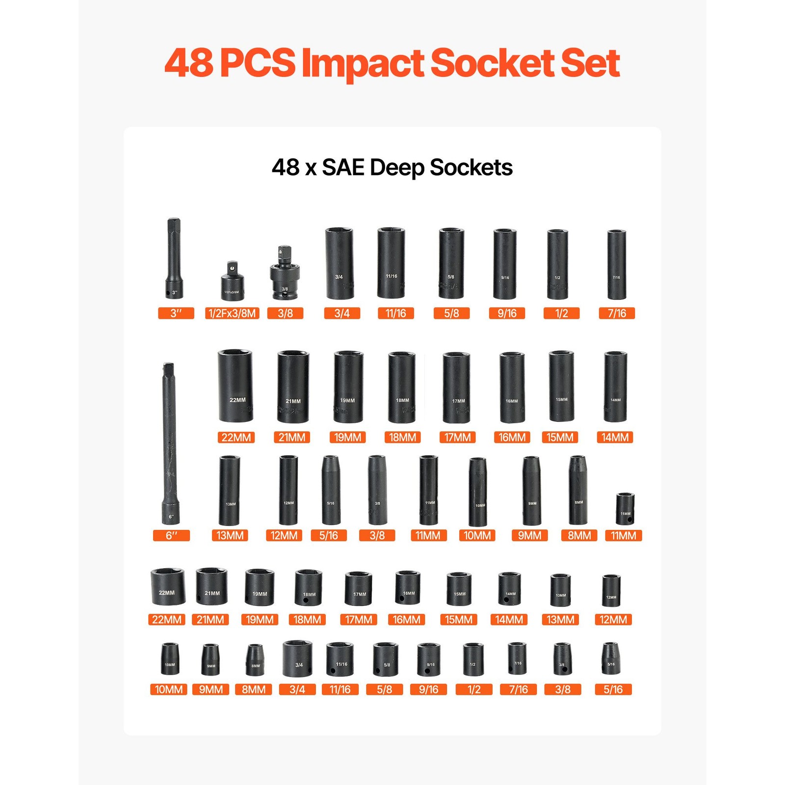 3/8″ Impact Socket Set 48-Piece Cr-V Alloy Steel, SAE & Metric