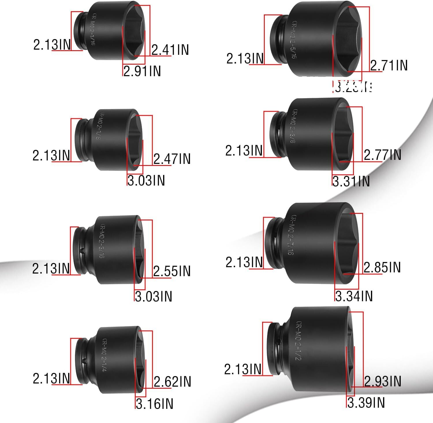 8-Piece Jumbo Impact Socket Set CR-MO 3/4″ Drive SAE 2-1/16″ to 2-1/2″ 6 Point