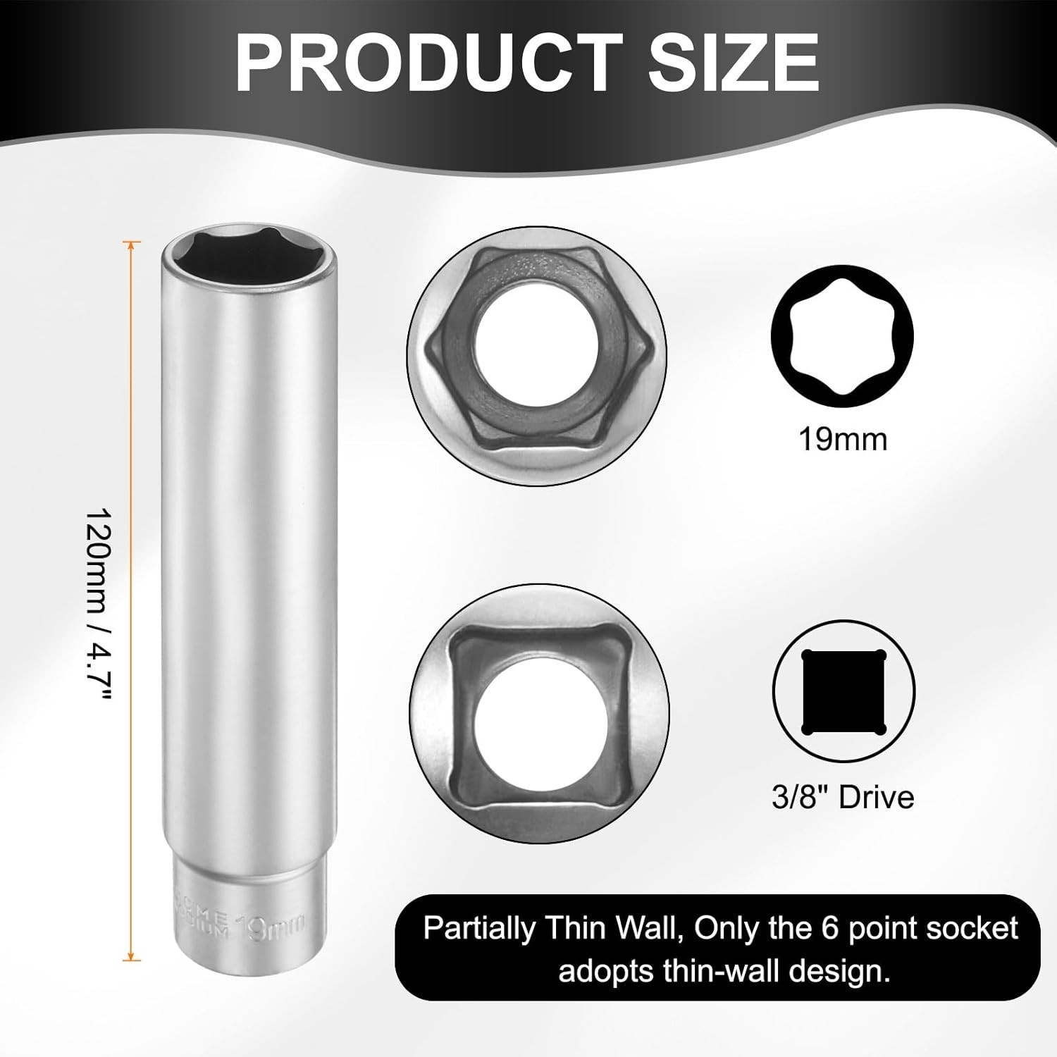 19mm Deep Socket 3/8″ Drive Extra Long 120mm CR-V Steel Tool