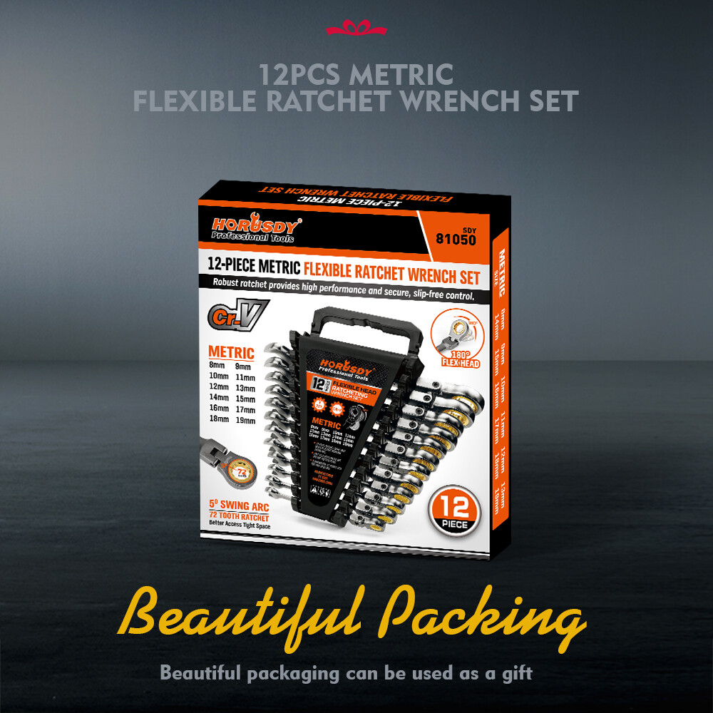 12PCS Ratcheting Wrench Set Flexible Head 8-19mm Metric Spanner Tool Combination