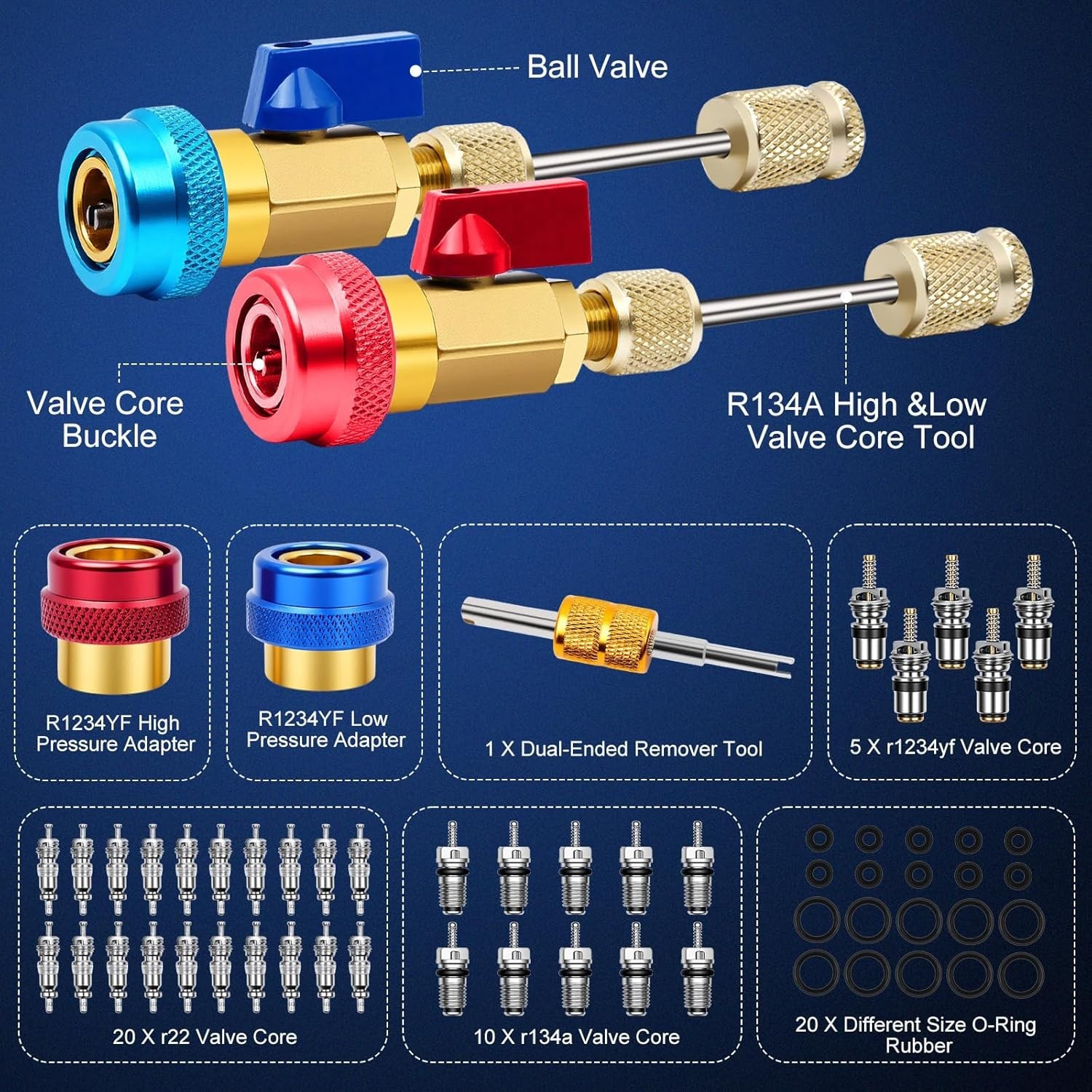 60pcs Schrader Valve Core Removal Tool Kit for R134A R1234YF R22 with O-Ring Sea
