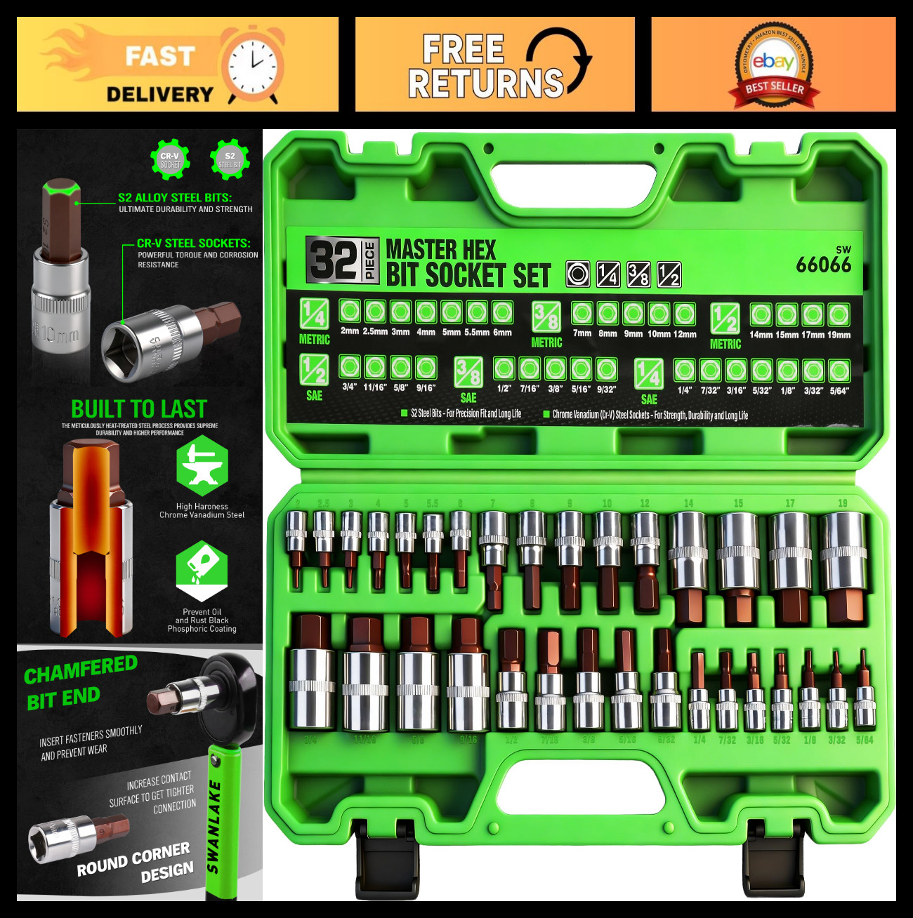 32-Piece Hex Bit Socket Set – SAE & Metric, 1/4″, 3/8″, 1/2″ Drive, S2 & Cr-V St