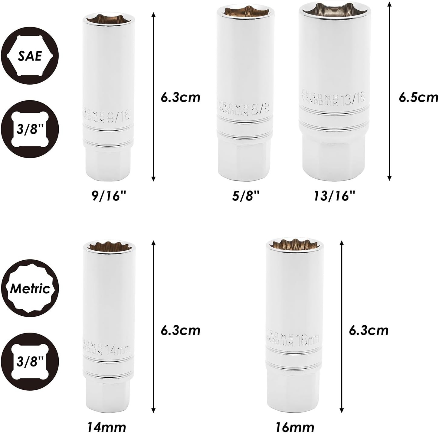 5PCS 3/8″Drive Magnetic Spark Plug Socket Set, CR-V, 14mm, 16mm, 5/8-inch, 3/…