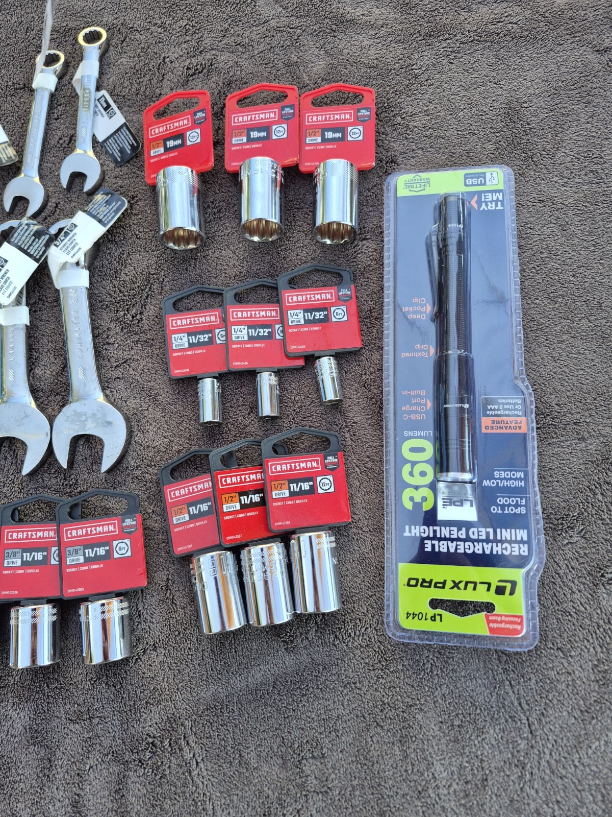 Lot of 24 Pcs CRAFTSMAN Shallow Socket And 3 Pcs Of Rechargeable Led Headlamp