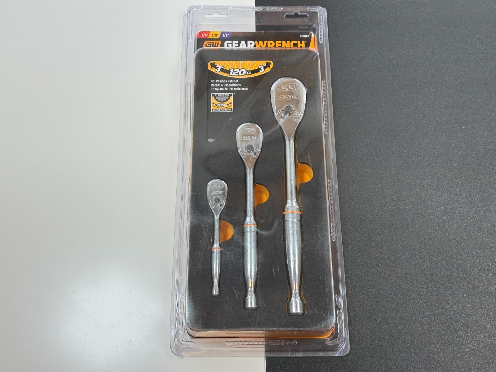 NEW GearWrench 81206P 1/4, 3/8 & 1/2″ Drive 120XP Teardrop Ratchet Set, ORANGE