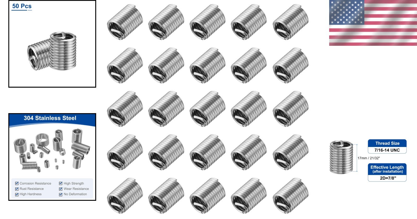 50pcs 7/16-14 UNC Stainless Steel Thread Repair Kit
