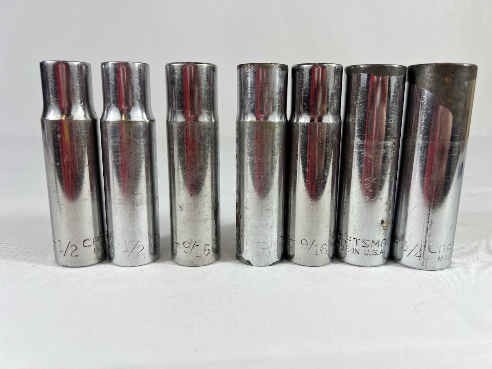 Lot Of 7 Craftsman Deep SAE 3 1/2” Tall Sockets, Various Sockets From 1/2 To 3/4