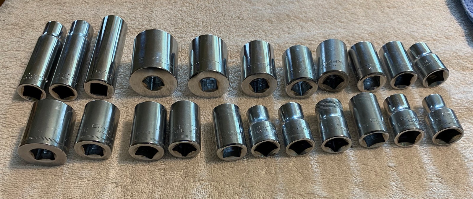 Lot of 22 – Craftsman 1/2″ Drive Assorted SAE & Metric Sockets, Made in USA