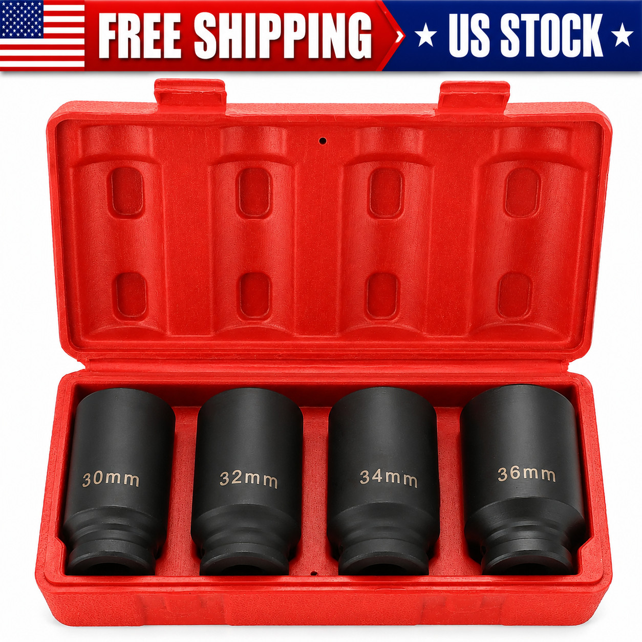 4PC Axle Nut Socket Set 30mm 32mm 34mm 36mm Deep Impact Sockets CR-MO