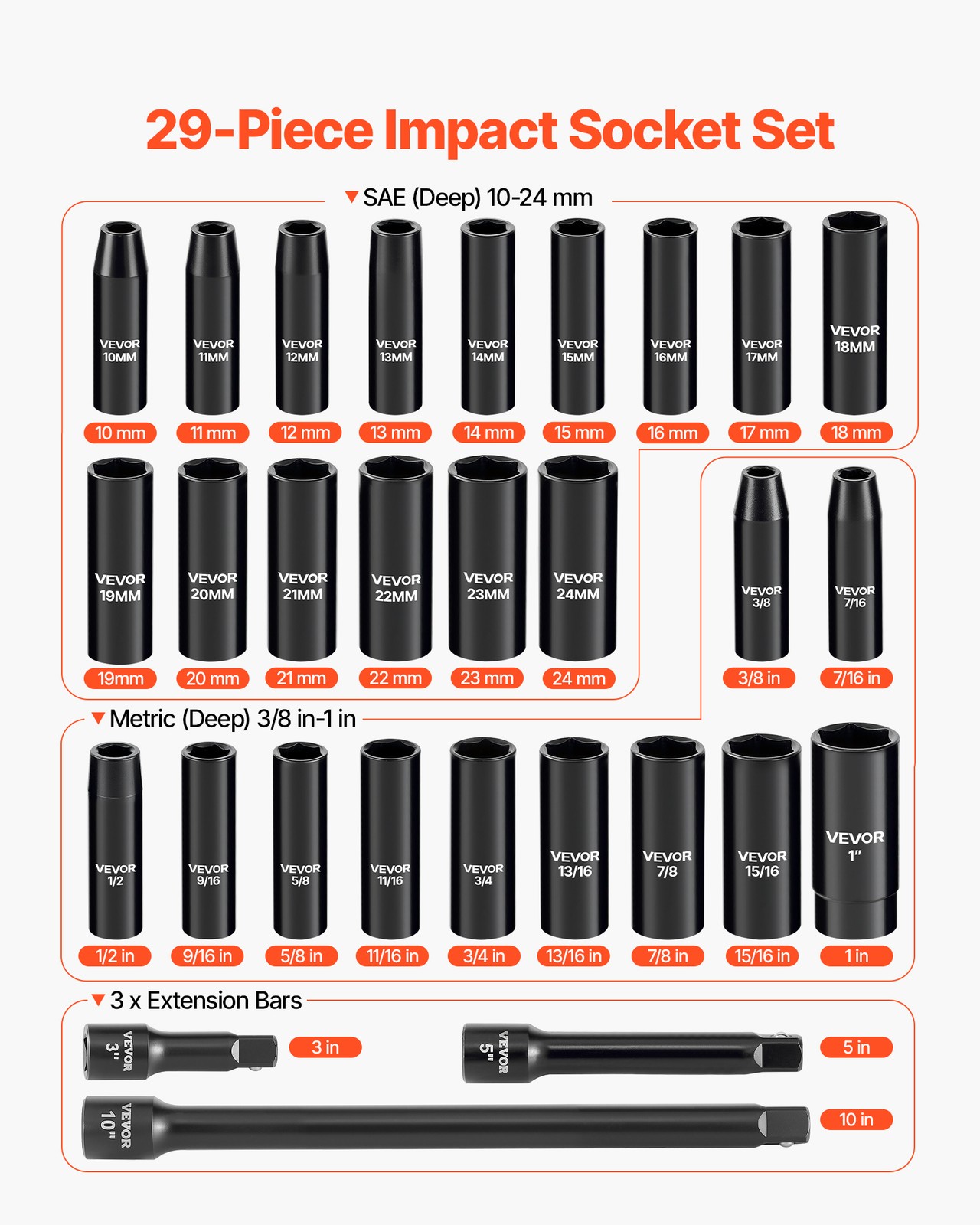 VEVOR 1/2 in Drive Impact Socket Set 29 Piece SAE 3/8 in-1 in Metric 10-24 mm