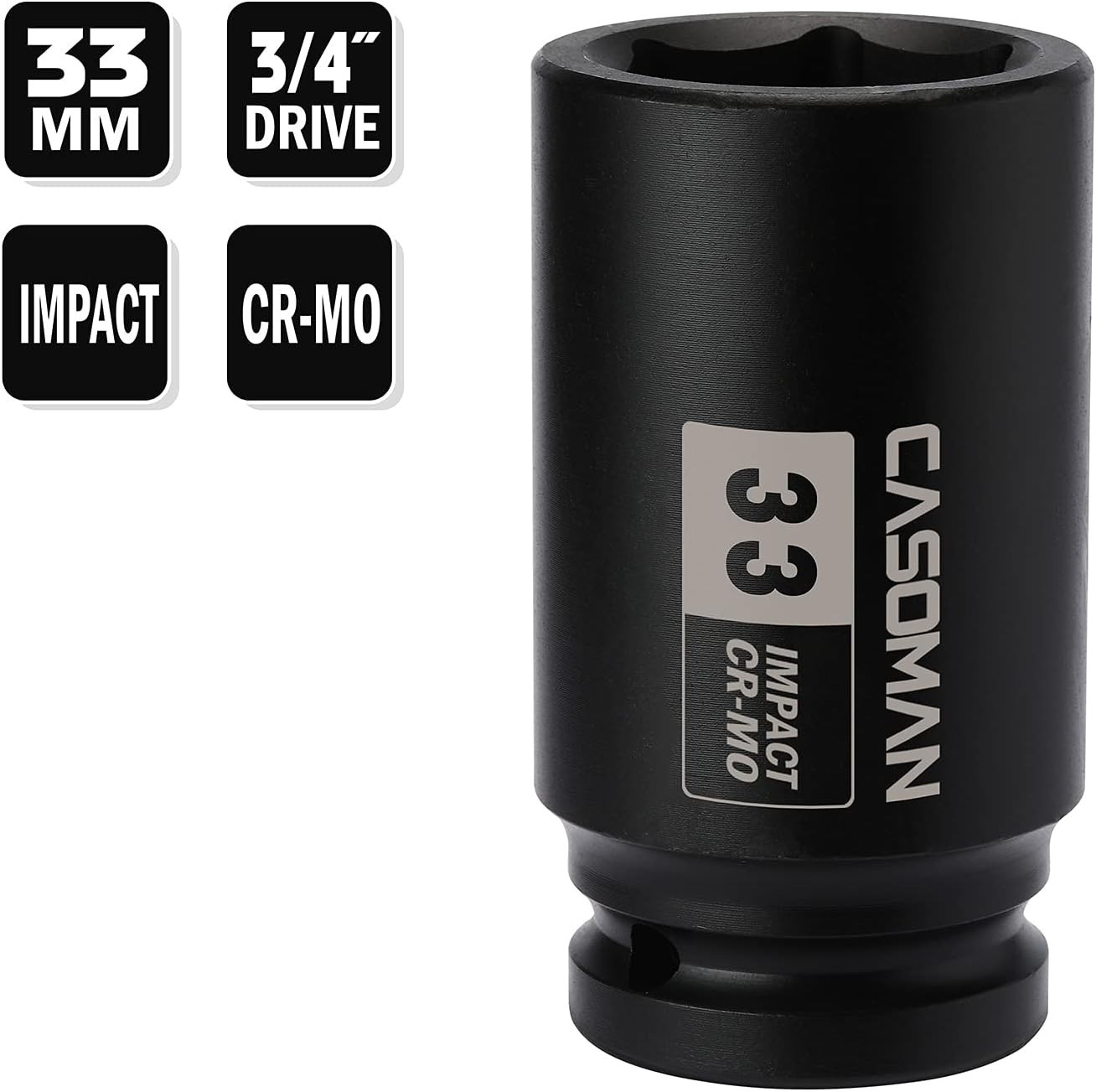 CASOMAN 3/4″ Drive x 33 mm Deep 6 PT Impact Socket, CR-MO, 3/4-inch 33mm